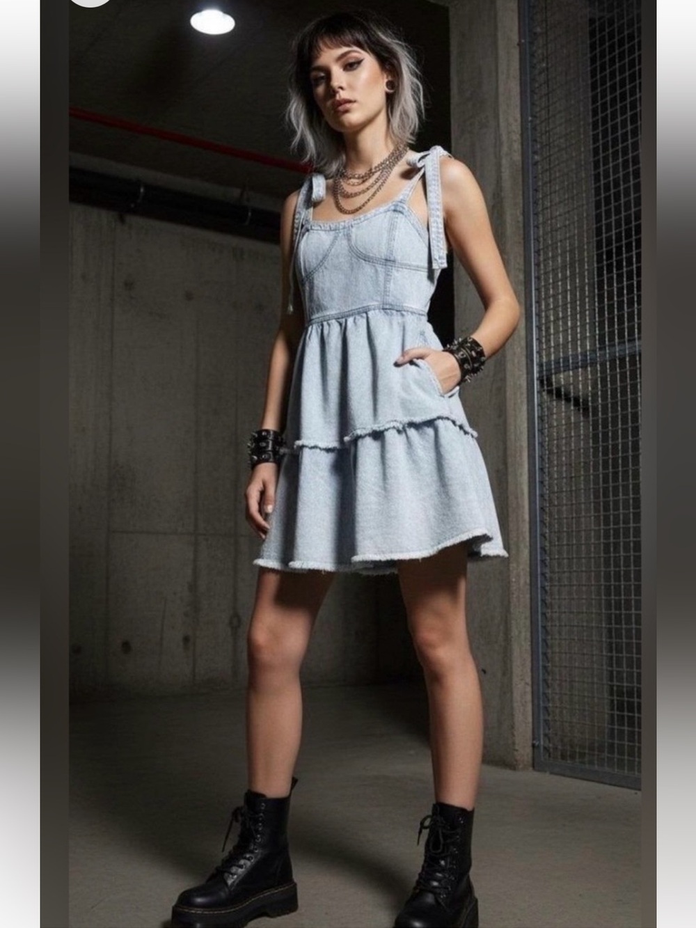 NWT American Eagle Outfitters Denim Corset Tiered Mini Dress M Light Blue Wash